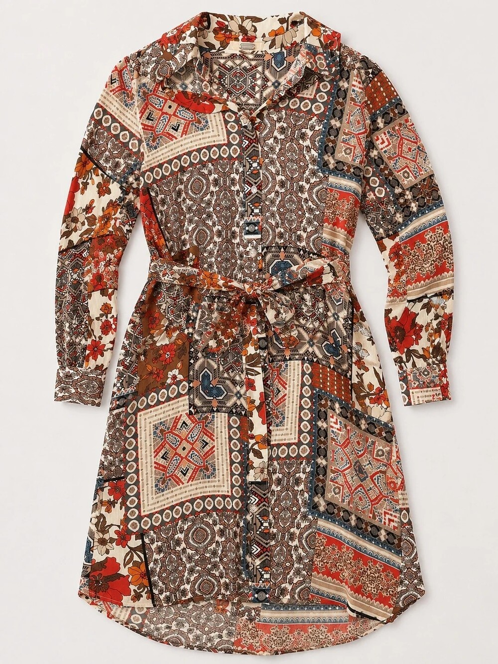 Gimmicks Patchwork Boho Shirt Dress Size Small Tie Waist Long Sleeve NWOT